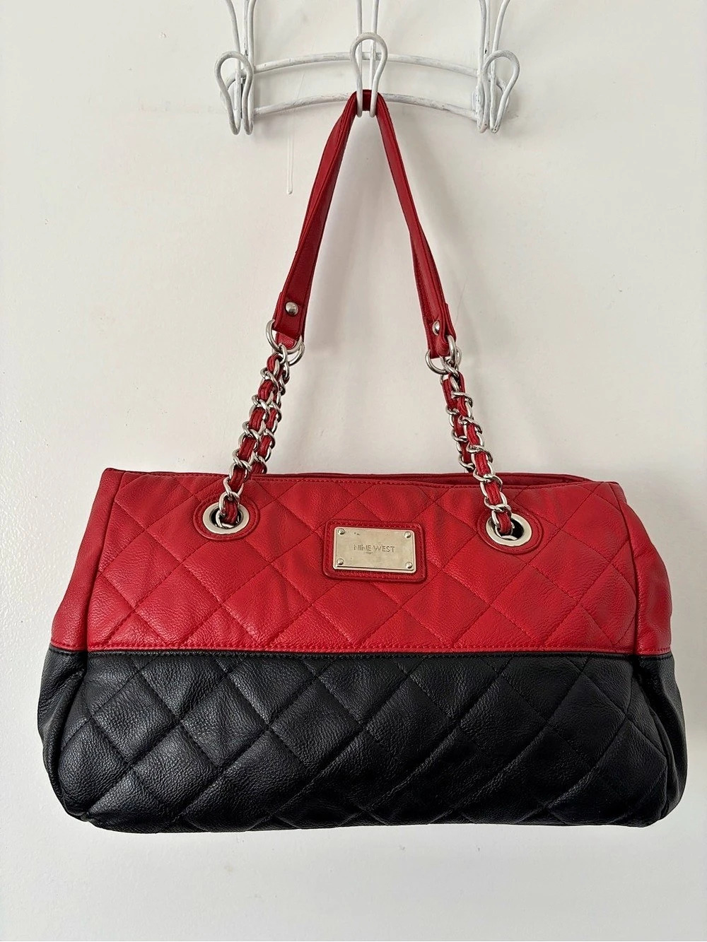 Nine West Quilted Chain Tote Shoulder Bag in Red & Black